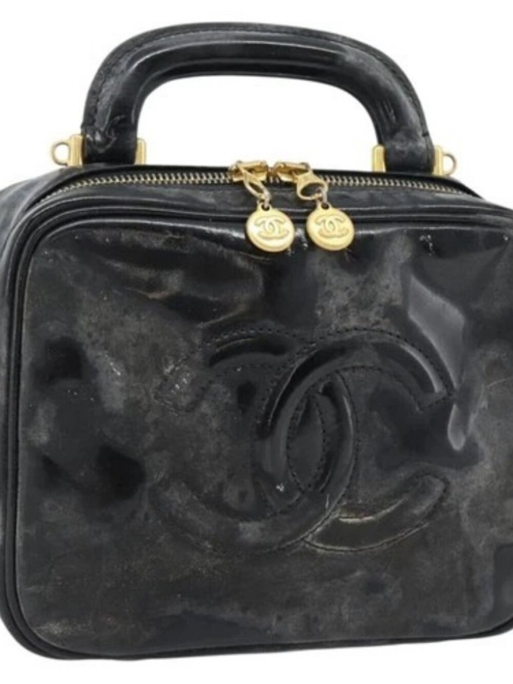 CHANEL COCO Mark Vanity Hand Bag Patent leather Black Gold CC Auth 181661 - Picture 1 of 16